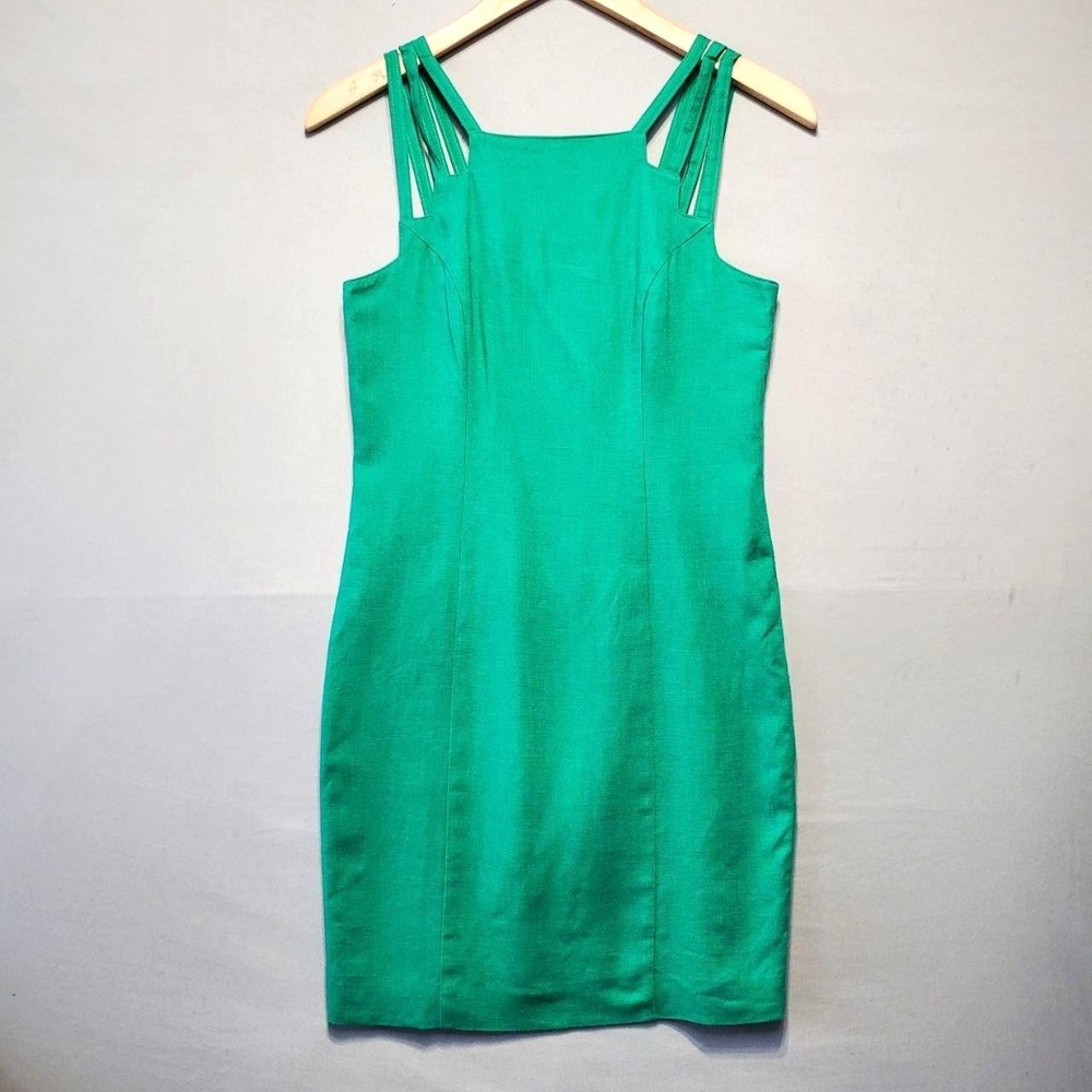 VTG 90s Apart Dress Womens 2 Green Strappy Sheath Square Neck‎ Linen Blend USA